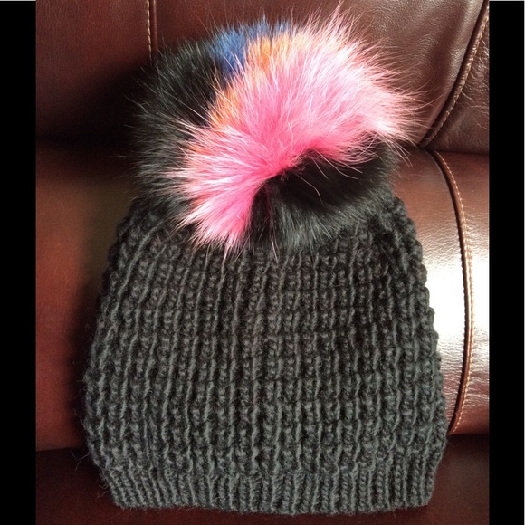 Black Beanie With genuine Mixed Colorful Pompom main image 5